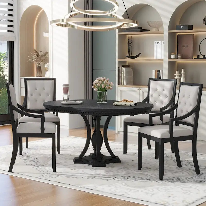 Ensemble de salle à manger 5 pièces, table à manger ronde extensible et 4 chaises à dossier rembourré pour cuisine et salle à manger