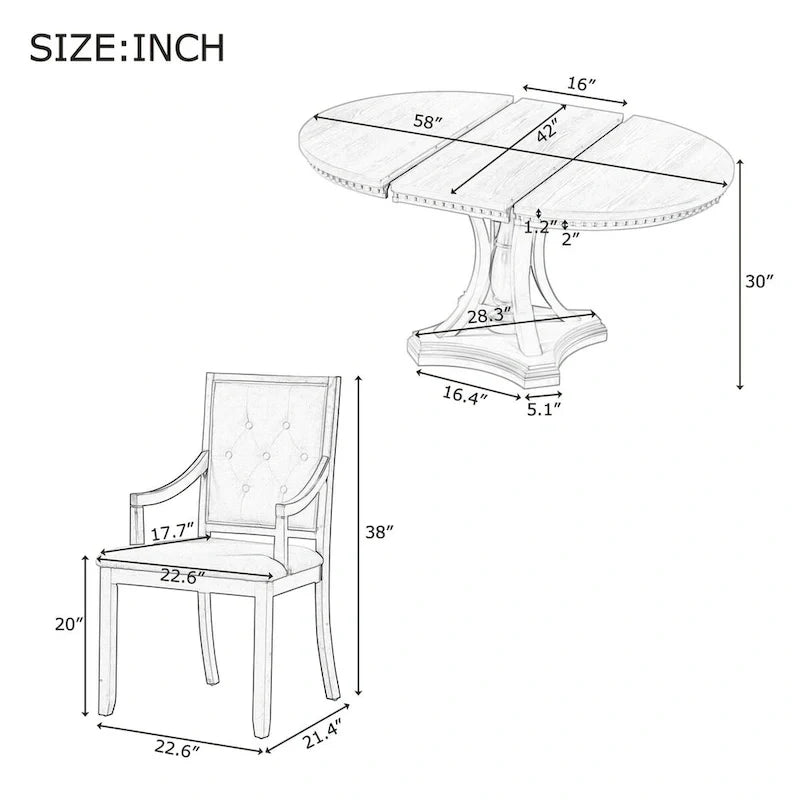 Ensemble de salle à manger 5 pièces, table à manger ronde extensible et 4 chaises à dossier rembourré pour cuisine et salle à manger