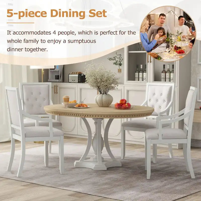 Ensemble de salle à manger 5 pièces, table à manger ronde extensible et 4 chaises à dossier rembourré pour cuisine et salle à manger