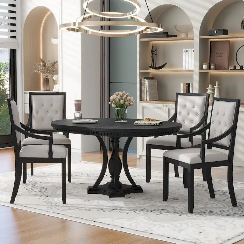 Ensemble de salle à manger 5 pièces, table à manger ronde extensible et 4 chaises à dossier rembourré pour cuisine et salle à manger