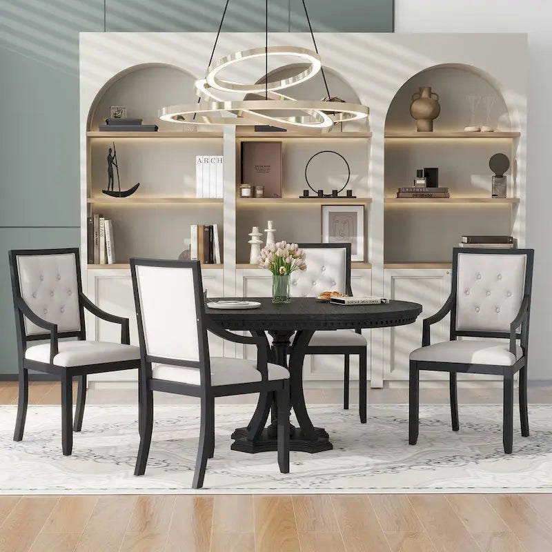 Ensemble de salle à manger 5 pièces, table à manger ronde extensible et 4 chaises à dossier rembourré pour cuisine et salle à manger