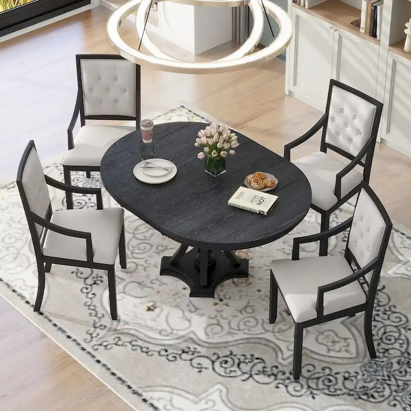 Ensemble de salle à manger 5 pièces, table à manger ronde extensible et 4 chaises à dossier rembourré pour cuisine et salle à manger