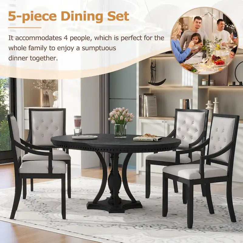 Ensemble de salle à manger 5 pièces, table à manger ronde extensible et 4 chaises à dossier rembourré pour cuisine et salle à manger