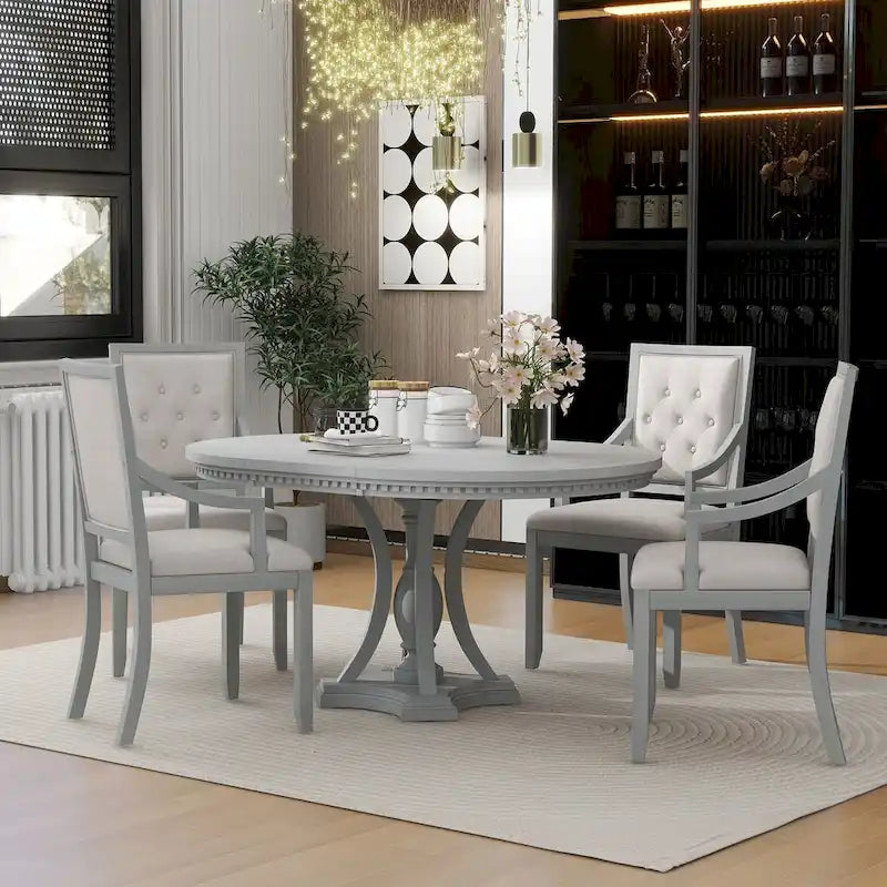 Ensemble de salle à manger 5 pièces, table à manger ronde extensible et 4 chaises à dossier rembourré pour cuisine et salle à manger