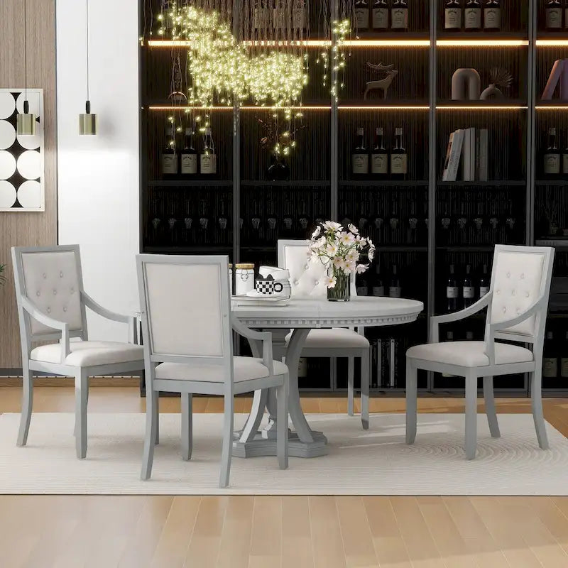 Ensemble de salle à manger 5 pièces, table à manger ronde extensible et 4 chaises à dossier rembourré pour cuisine et salle à manger