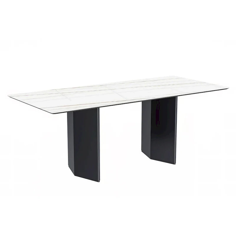 Table à manger rectangulaire Lior avec plateau en verre/pierre frittée et piétement en acier