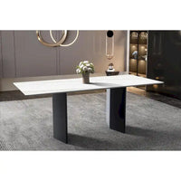 Table à manger rectangulaire Lior avec plateau en verre/pierre frittée et piétement en acier