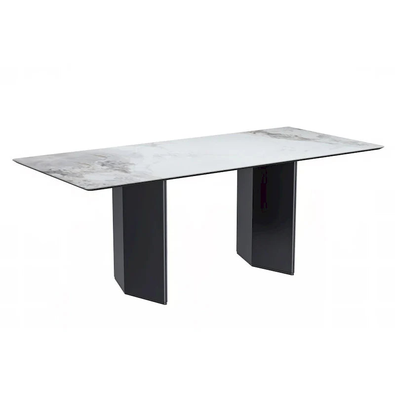 Table à manger rectangulaire Lior avec plateau en verre/pierre frittée et piétement en acier
