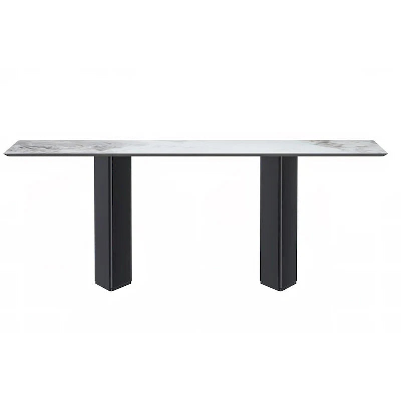 Table à manger rectangulaire Lior avec plateau en verre/pierre frittée et piétement en acier