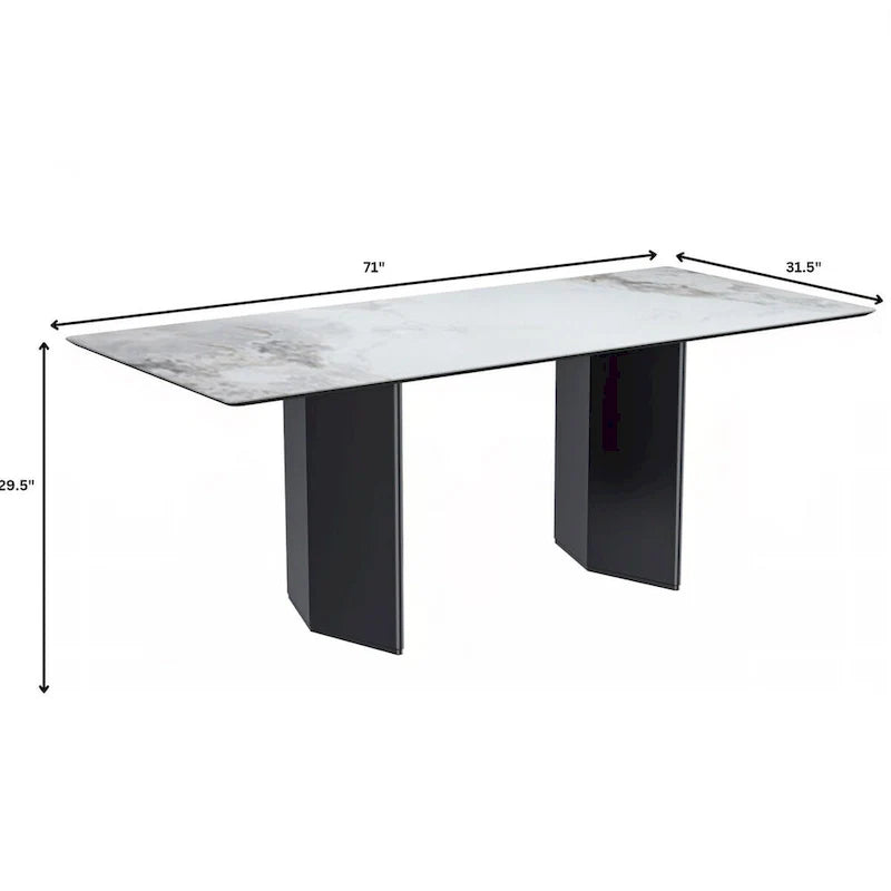 Table à manger rectangulaire Lior avec plateau en verre/pierre frittée et piétement en acier