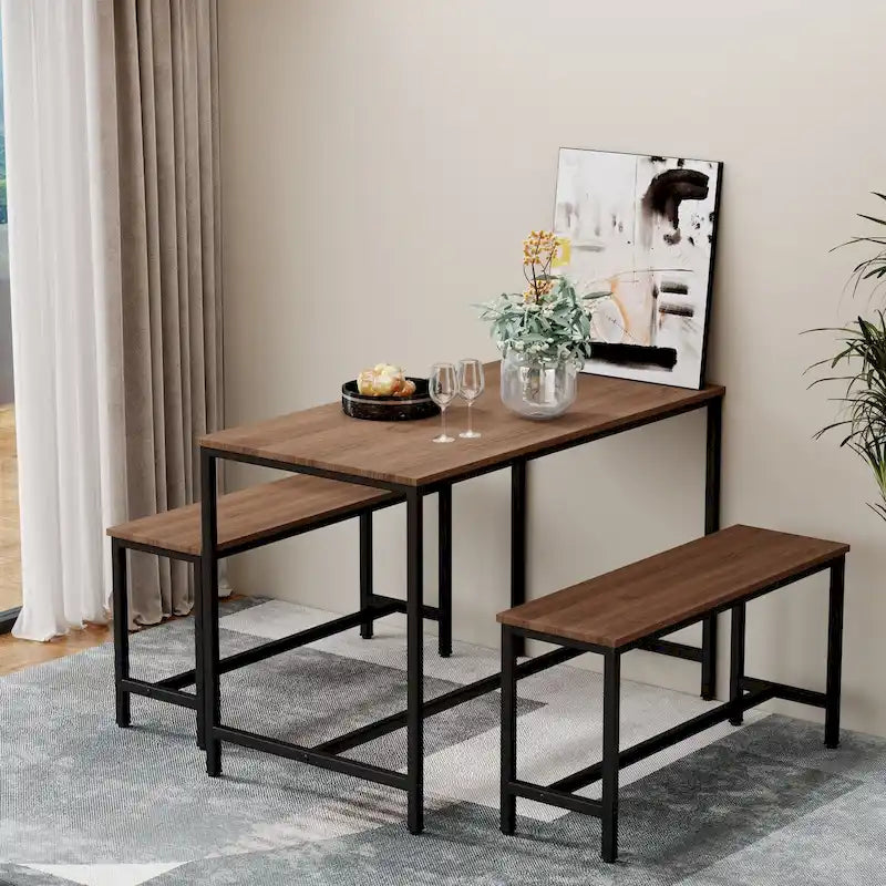Ensemble de table à manger pour 4, table de cuisine avec bancs, ensemble de table de salle à manger rectangulaire avec 2 bancs en bois et métal, 3 pièces