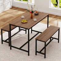 Ensemble de table à manger pour 4, table de cuisine avec bancs, ensemble de table de salle à manger rectangulaire avec 2 bancs en bois et métal, 3 pièces
