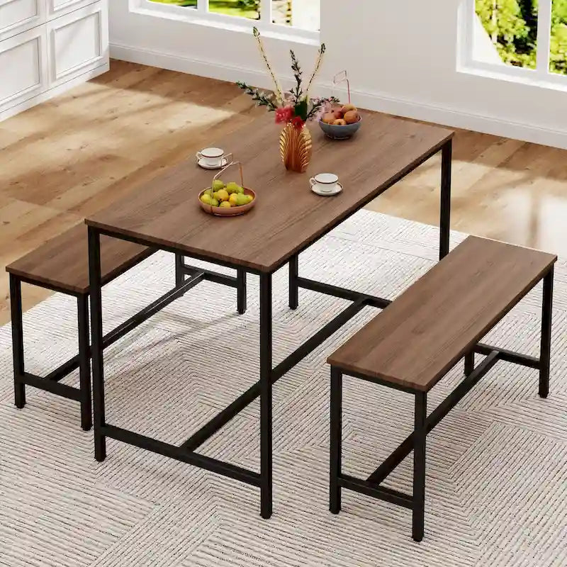 Ensemble de table à manger pour 4, table de cuisine avec bancs, ensemble de table de salle à manger rectangulaire avec 2 bancs en bois et métal, 3 pièces
