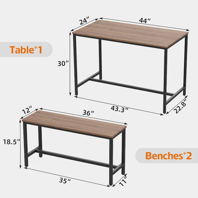 Ensemble de table à manger pour 4, table de cuisine avec bancs, ensemble de table de salle à manger rectangulaire avec 2 bancs en bois et métal, 3 pièces