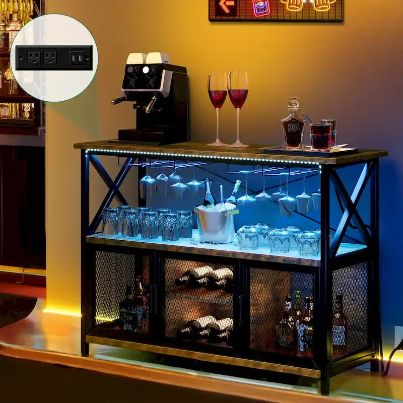 Meuble de Bar à Vin 47" avec Lumières LED Prises Électriques Meuble de Bar Industriel - 47.2L x 15.7W x 33.4H