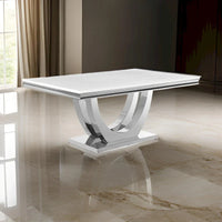 Table de salle à manger de 180 cm, Plateau rectangulaire en faux marbre blanc, Piétement colonne