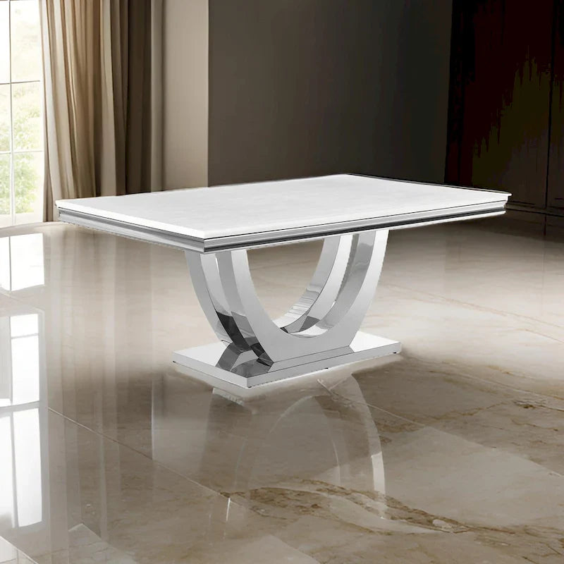 Table de salle à manger de 180 cm, Plateau rectangulaire en faux marbre blanc, Piétement colonne
