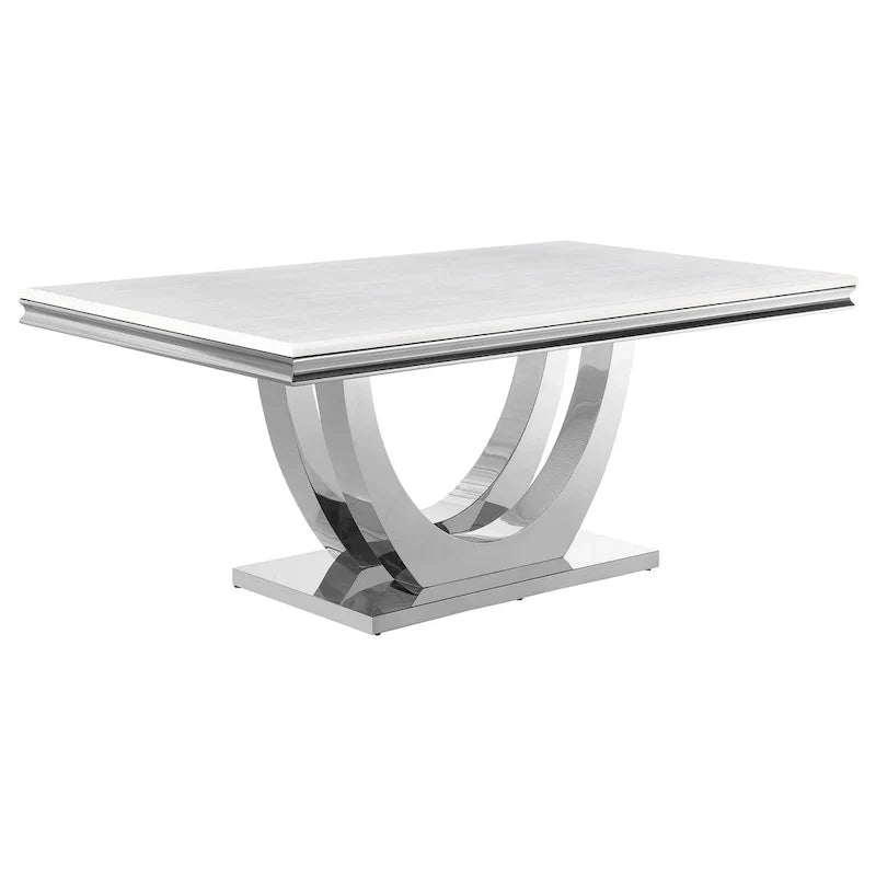 Table de salle à manger de 180 cm, Plateau rectangulaire en faux marbre blanc, Piétement colonne