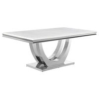 Table de salle à manger de 180 cm, Plateau rectangulaire en faux marbre blanc, Piétement colonne