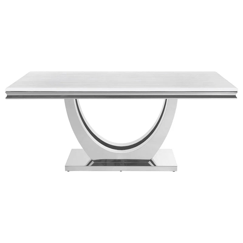Table de salle à manger de 180 cm, Plateau rectangulaire en faux marbre blanc, Piétement colonne