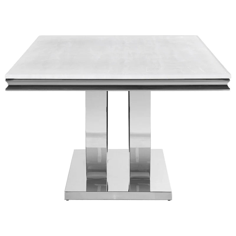 Table de salle à manger de 180 cm, Plateau rectangulaire en faux marbre blanc, Piétement colonne
