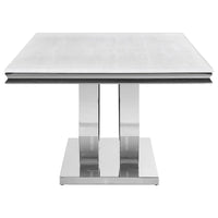 Table de salle à manger de 180 cm, Plateau rectangulaire en faux marbre blanc, Piétement colonne