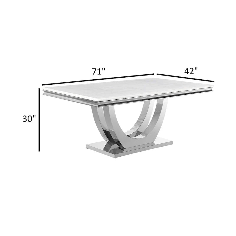 Table de salle à manger de 180 cm, Plateau rectangulaire en faux marbre blanc, Piétement colonne
