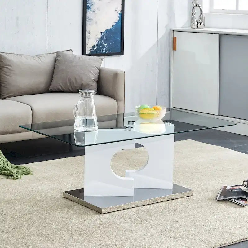 Table basse moderne et tendance rectangulaire avec plateau en verre trempé et pieds en MDF blanc