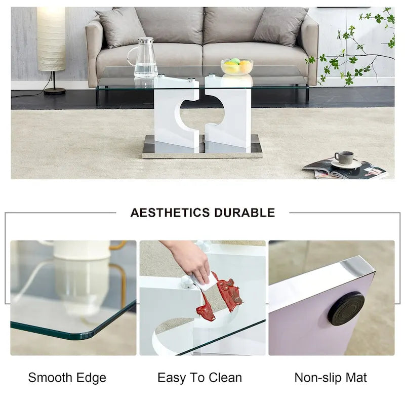 Table basse moderne et tendance rectangulaire avec plateau en verre trempé et pieds en MDF blanc