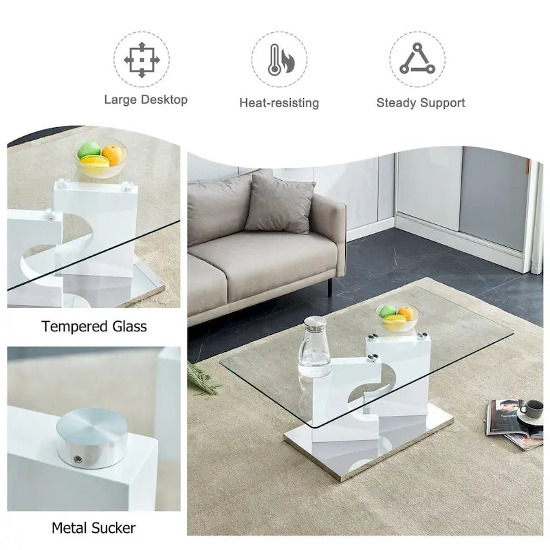 Table basse moderne et tendance rectangulaire avec plateau en verre trempé et pieds en MDF blanc