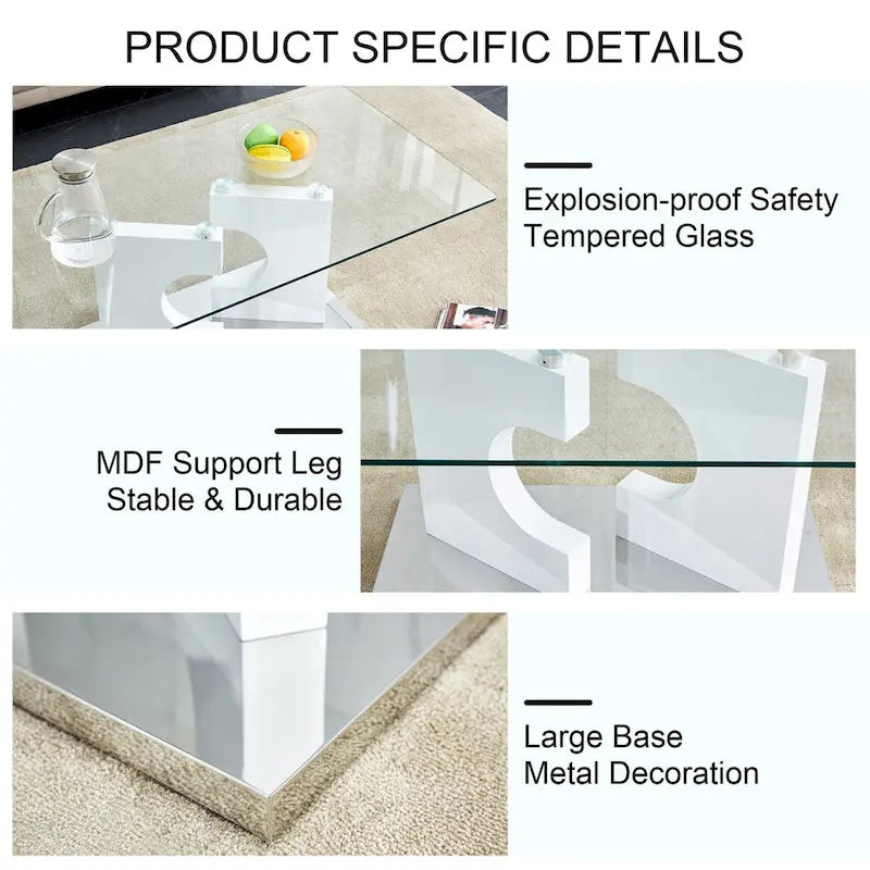 Table basse moderne et tendance rectangulaire avec plateau en verre trempé et pieds en MDF blanc