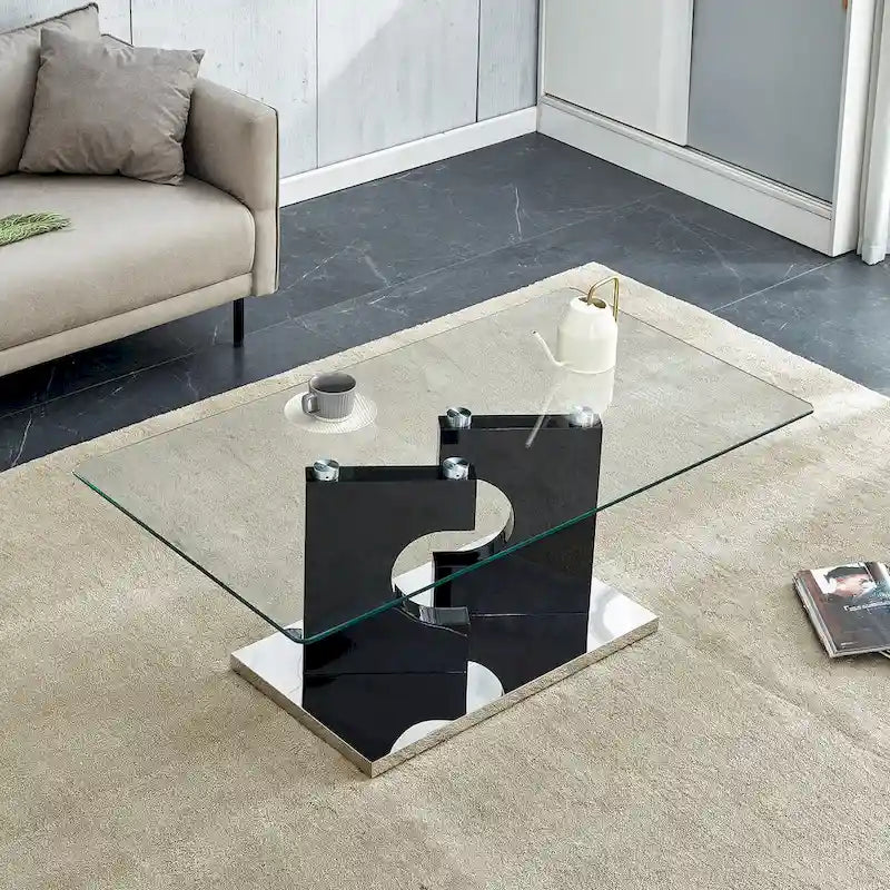 Table basse moderne et tendance rectangulaire avec plateau en verre trempé et pieds en MDF blanc