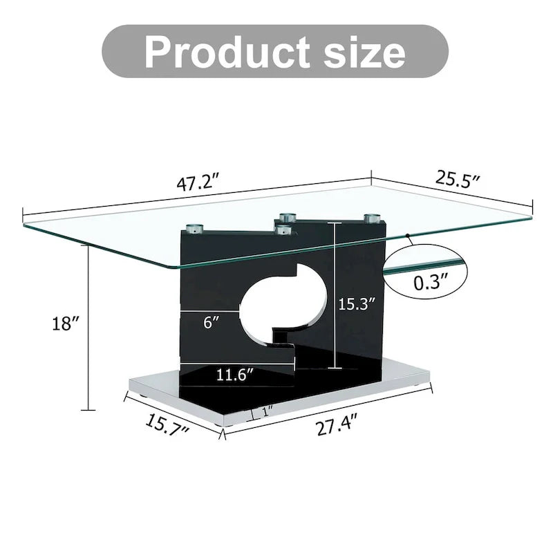 Table basse moderne et tendance rectangulaire avec plateau en verre trempé et pieds en MDF blanc