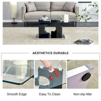 Table basse moderne et tendance rectangulaire avec plateau en verre trempé et pieds en MDF blanc