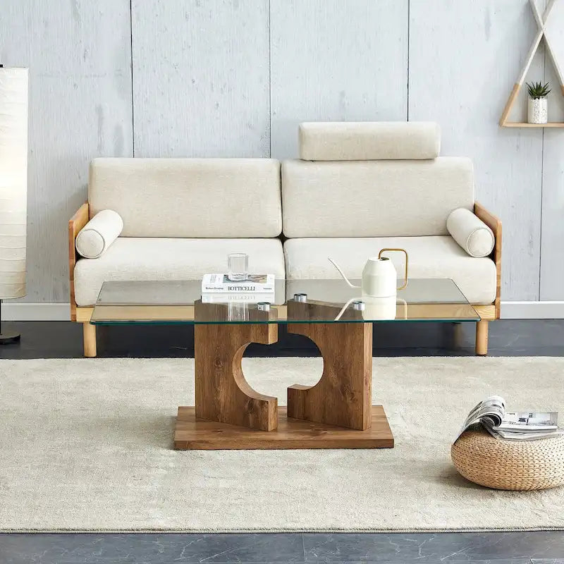 Table basse moderne et tendance rectangulaire avec plateau en verre trempé et pieds en MDF blanc