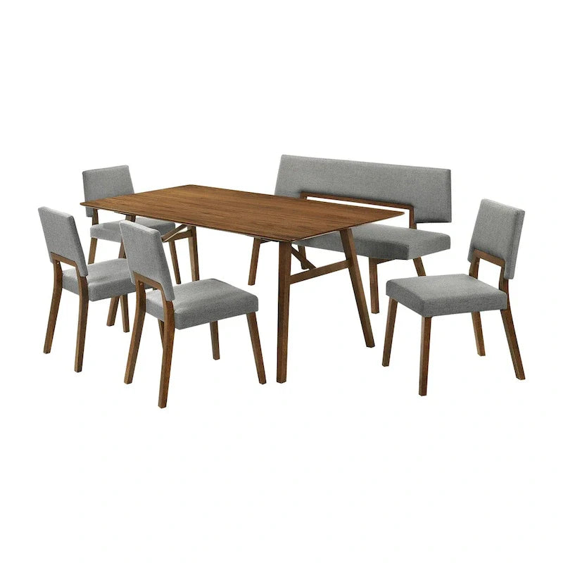 Ensemble de salle à manger 6 pièces Yumi, table, chaises, banc, tissu gris, bois marron