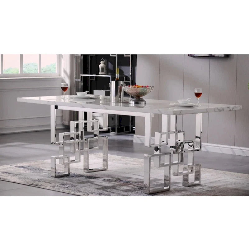 Table à manger de 78 pouces en faux marbre avec piètement géométrique en métal
