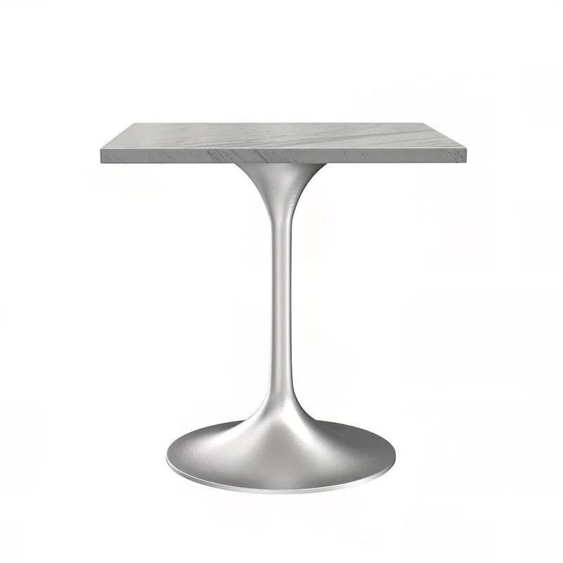 Table à manger carrée LeisureMod Verve avec plateau en résine marbrée blanche et base en acier brossé moderne pour cuisine