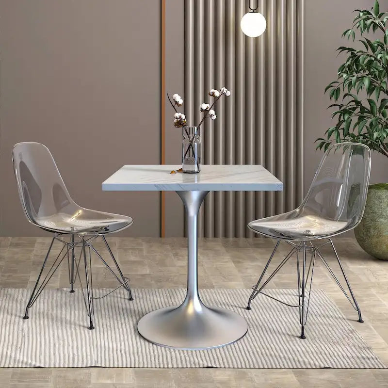 Table à manger carrée LeisureMod Verve avec plateau en résine marbrée blanche et base en acier brossé moderne pour cuisine