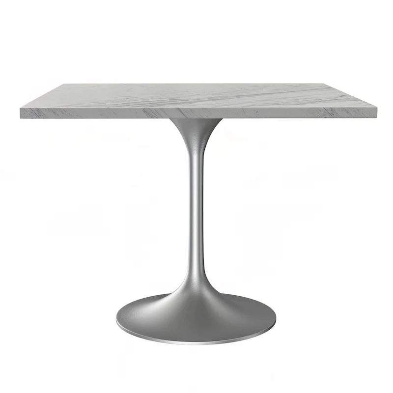 Table à manger carrée LeisureMod Verve avec plateau en résine marbrée blanche et base en acier brossé moderne pour cuisine