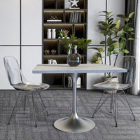 Table à manger carrée LeisureMod Verve avec plateau en résine marbrée blanche et base en acier brossé moderne pour cuisine