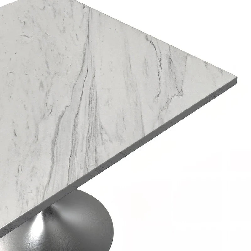 Table à manger carrée LeisureMod Verve avec plateau en résine marbrée blanche et base en acier brossé moderne pour cuisine