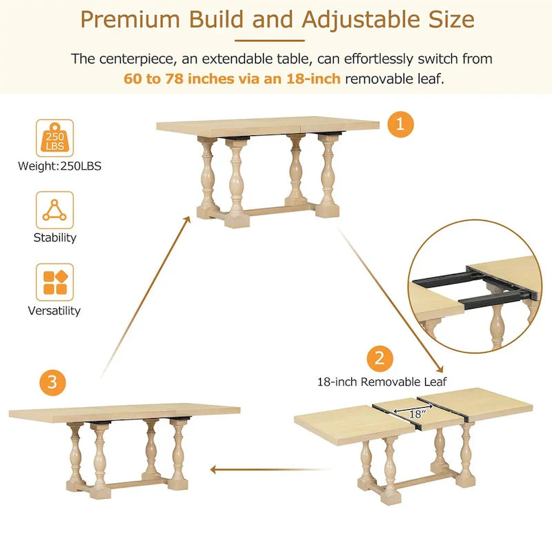 Ensemble de salle à manger extensible 6 pièces de 78 pouces avec chevalet traditionnel