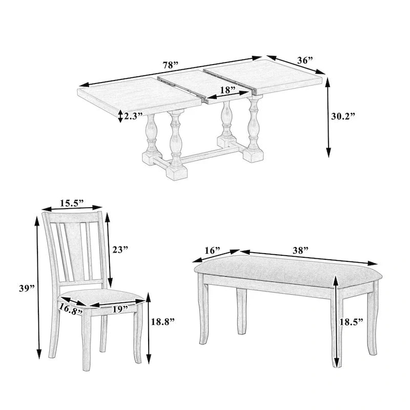 Ensemble de salle à manger extensible 6 pièces de 78 pouces avec chevalet traditionnel