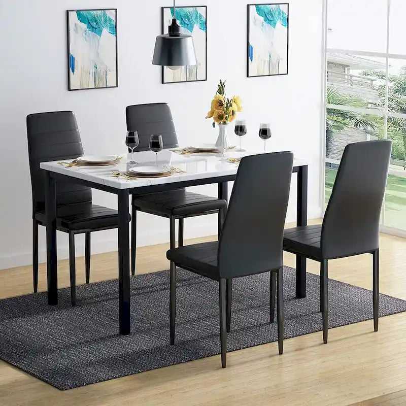 Ensemble de table à manger Mieres de style moderne 5 pièces à plateau en faux marbre avec 4 chaises de salle à manger rembourrées en similicuir
