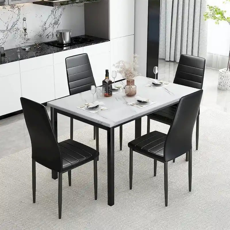 Ensemble de table à manger Mieres de style moderne 5 pièces à plateau en faux marbre avec 4 chaises de salle à manger rembourrées en similicuir