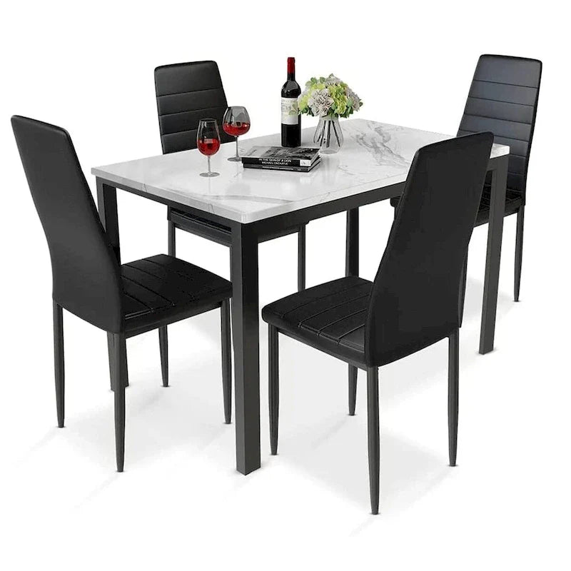Ensemble de table à manger Mieres de style moderne 5 pièces à plateau en faux marbre avec 4 chaises de salle à manger rembourrées en similicuir
