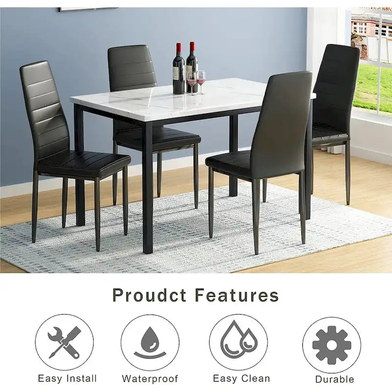Ensemble de table à manger Mieres de style moderne 5 pièces à plateau en faux marbre avec 4 chaises de salle à manger rembourrées en similicuir