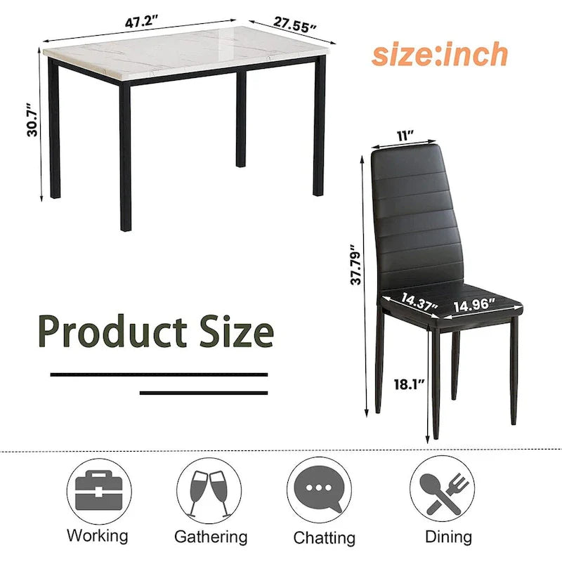 Ensemble de table à manger Mieres de style moderne 5 pièces à plateau en faux marbre avec 4 chaises de salle à manger rembourrées en similicuir