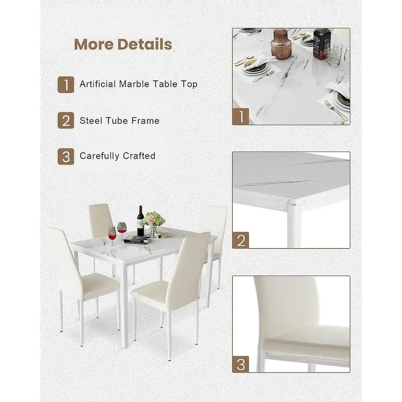 Ensemble de table à manger Mieres de style moderne 5 pièces à plateau en faux marbre avec 4 chaises de salle à manger rembourrées en similicuir